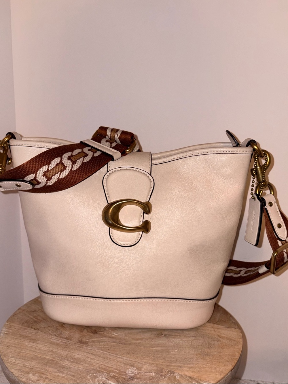 Coach chalk bucket Bag with Brown Patterned Strap and Gold Hardware